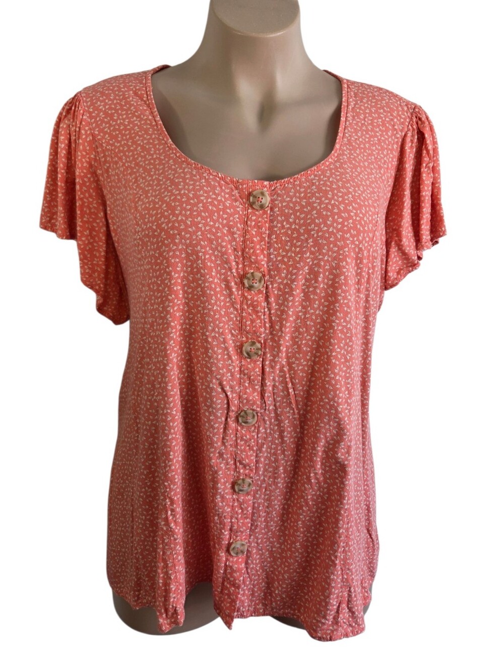 Torrid Coral Leaf Scoop Neck Short Sleeve Faux Button Blouse Size 4 Pre-Owned